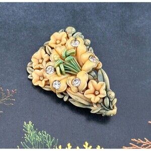 Vintage Early Plastic Floral Thermoset Celluloid Rhinestone Brooch Painted Tan
